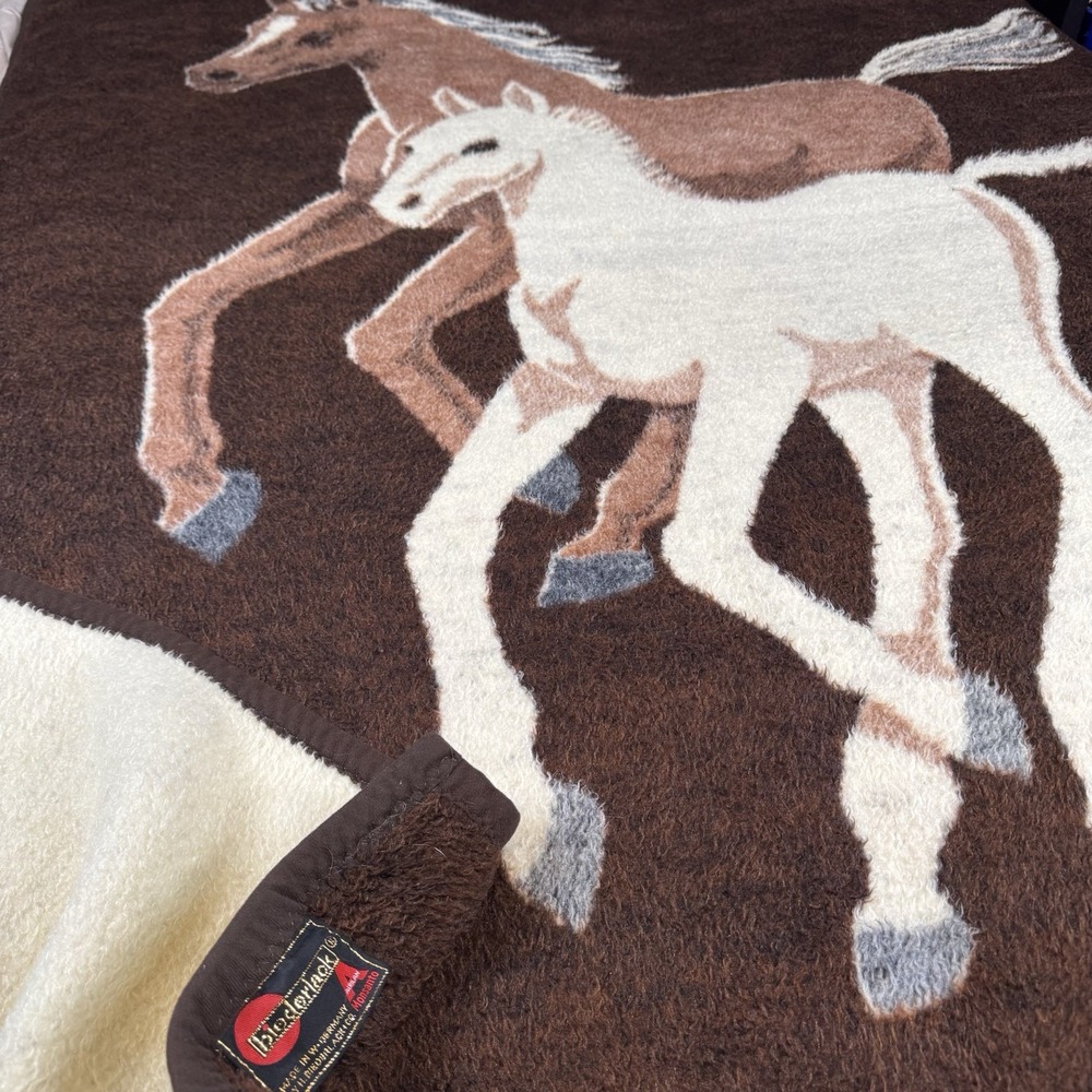 Vintage Biederlack Acrylic Velours Galloping Mare & Foal Horses Blanket Throw